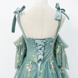 Green Tulle Embroidery Straps Prom Dress