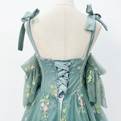 Green Tulle Embroidery Straps Prom Dress