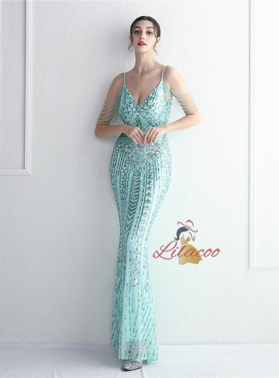 Sequins Mermaid Spaghetti Straps Beading Prom Dress