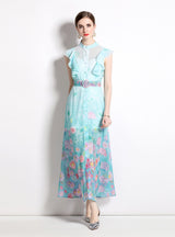 Sleeveless Ruffled Collar Printed Dress