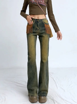 Front Pocket Tassel Vintage Flared Jeans