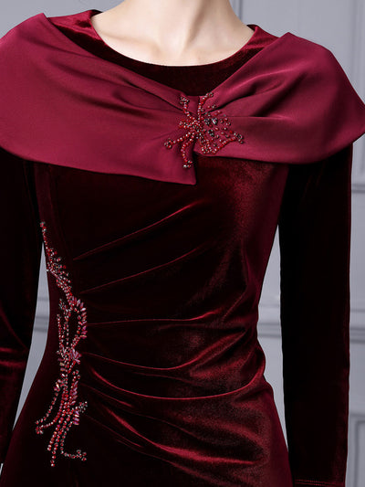 Burgundy Velvet Long Sleeve Mother Of The Bride Dress