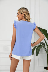 Contrast Color V-neck Short Sleeve Loose Chiffon Top