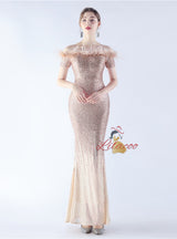 Mermaid Sequins Off the Shoulder Feather Prom Dress