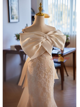 Champagne Mermaid Lace Satin Strapless Wedding Dress