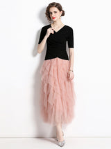 Black Top Cake Skirt T-shirt Two-piece Suit