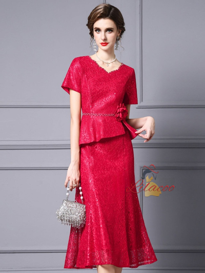 Red Lace Beading Flower Mother Of The Bride Dress