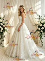 Beige White Tulle Appliques Strapless Wedding Dress