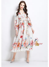 V-neck Lantern Sleeve Printed Dress