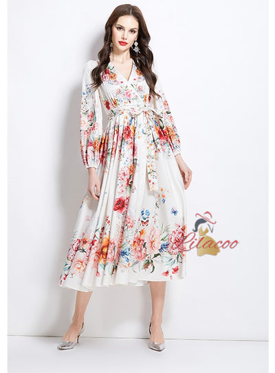 V-neck Lantern Sleeve Printed Dress