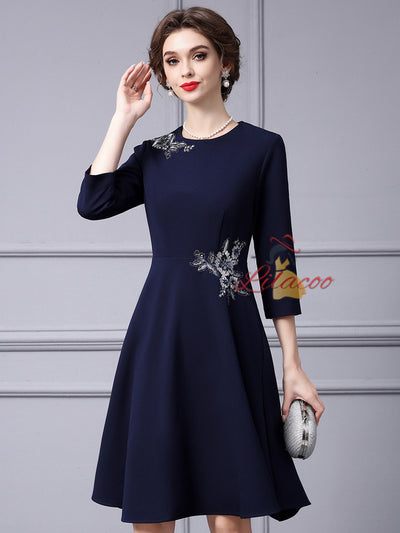 Navy Blue Short Sleeve Appliques Mother Of the Brides Dress