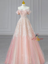 Pink Tulle Sequins Off the Shoulder Prom Dress