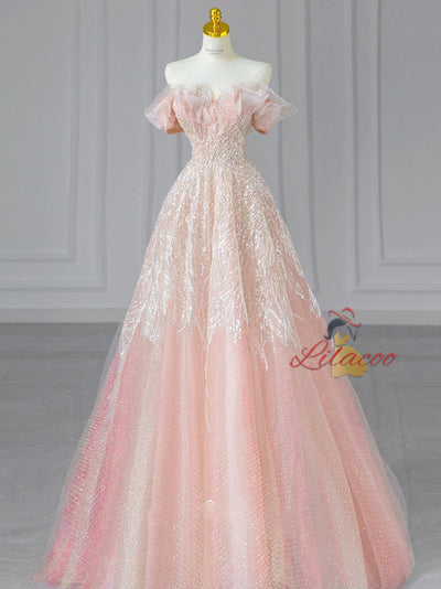 Pink Tulle Sequins Off the Shoulder Prom Dress