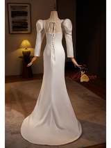 White Mermaid Satin Long Sleeve Wedding Dress