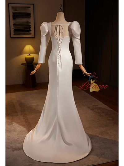 White Mermaid Satin Long Sleeve Wedding Dress