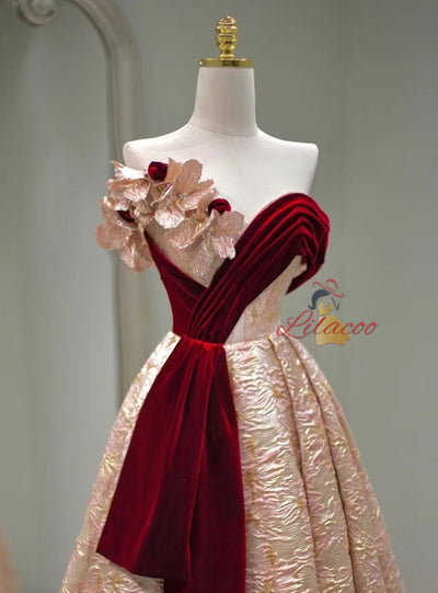 Champagne 3D Flower Velvet Pleats Prom Dress