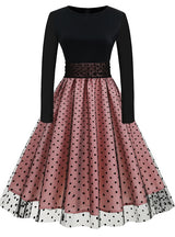 Long Sleeve Mesh Stitching Retro Dress