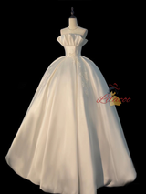 White Satin Strapless Appliques Wedding Dress