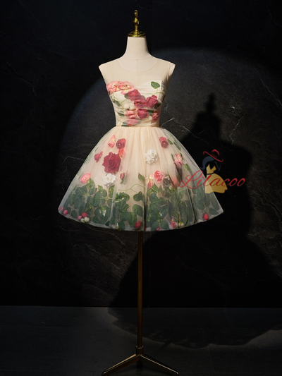 Champagne Tulle Flower Homecoming Dress