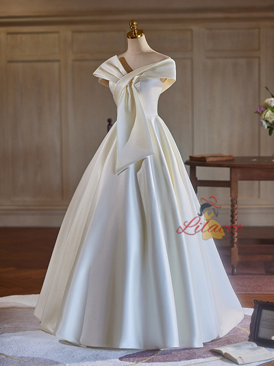 Ivory White Satin Pleats Off the Shoulder Wedding Dress
