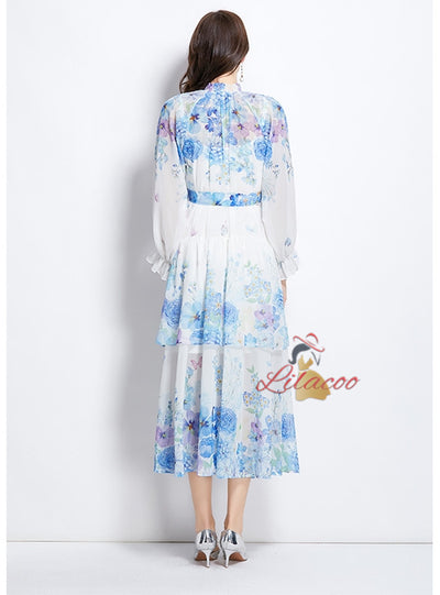 Printed Chiffon Long Sleeve Dress