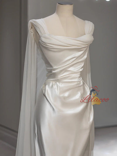 White Satin Pleats Wedding Dress