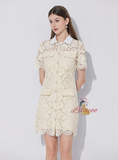 Apricot Lace Shirt Neck Dress