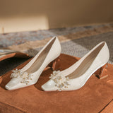 Square-headed Thick-heeled Beaded Wedding Shoes