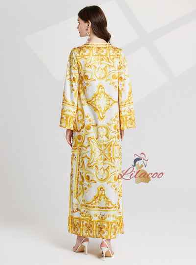 Retro Printed Round Neck Loose Flared Sleeves Dress