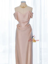 Pink Satin Off the Shoulder Pleats Prom Dress