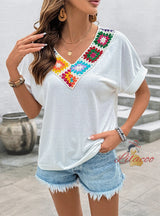 Casual V-neck Color Crochet Stitching Top