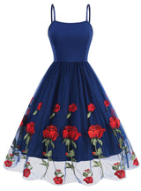 Retro Suspender Mesh Rose Embroidery Dress