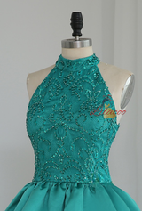 Green Satin Lace Beading Homecoming Dress