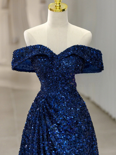 Blue Sequins Off the Shoulder Pleats Prom Dress