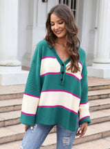 V-neck Split Buttons Loose Sweater