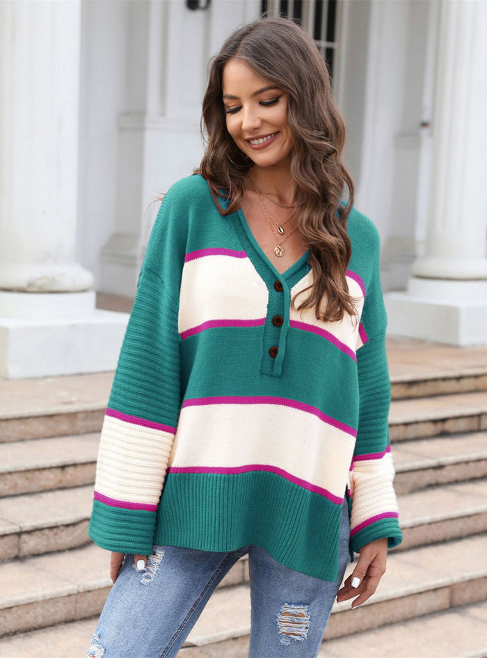 V-neck Split Buttons Loose Sweater