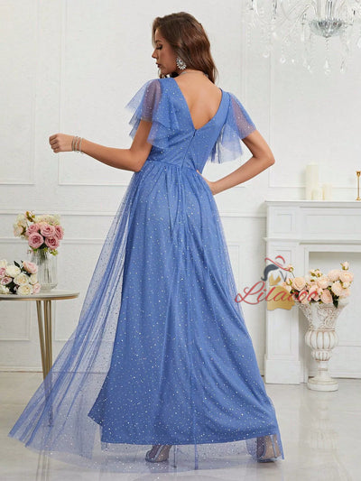 Blue Tulle V-neck Split Prom Dress
