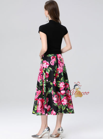 Short-sleeved Knitted Shirt Printed Skirt Suit
