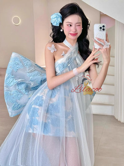 Blue Tulle Halter Bow Prom Dress