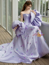 Purple Satin Strapless 3D Flower Prom Dress