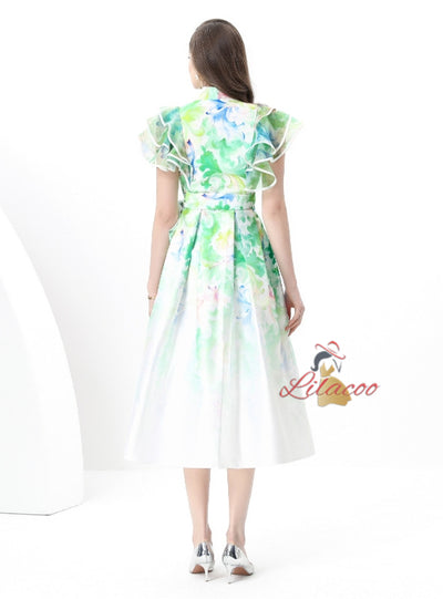 Lotus Leaf V-neck Slim Printed Long Dress