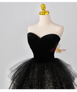 Black Tulle Sequins Strapless Tiers Prom Dress
