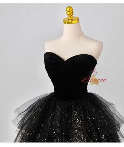 Black Tulle Sequins Strapless Tiers Prom Dress