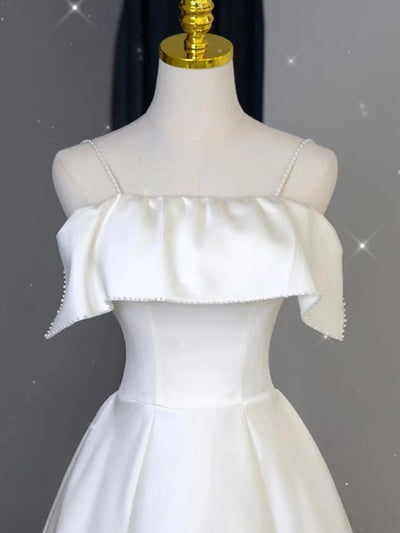 White Satin Spaghetti Straps Wedding Dress