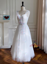 White Tulle Flower Pleats Prom Dress