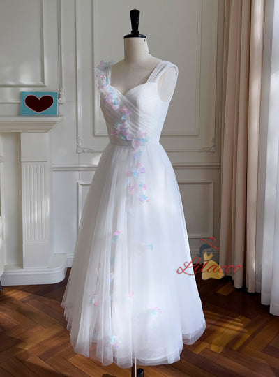 White Tulle Flower Pleats Prom Dress