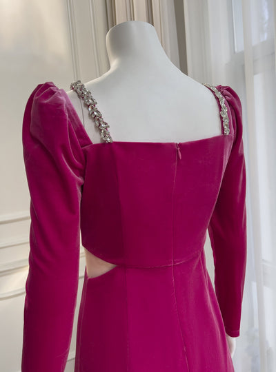 Fuchsia Long Sleeve Velvet Crystal Prom Dress