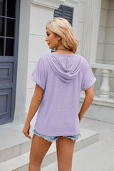 Solid Color Button Hooded Loose Short Sleeve T-shirt