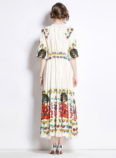 Pleated Short Sleeve Print Dress