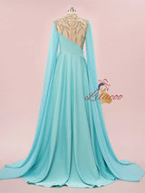 Blue High Neck Chiffon Beading Prom Dress